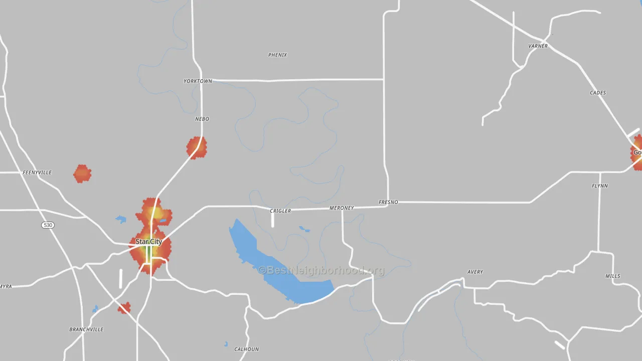 Walk Grade map of Lincoln County, AR, walkable areas in green and car-dependent areas in red
