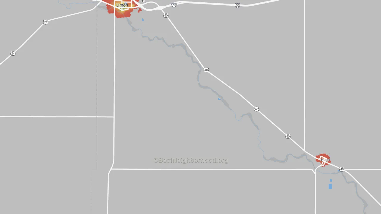 Walk Grade map of Lincoln County, CO, walkable areas in green and car-dependent areas in red