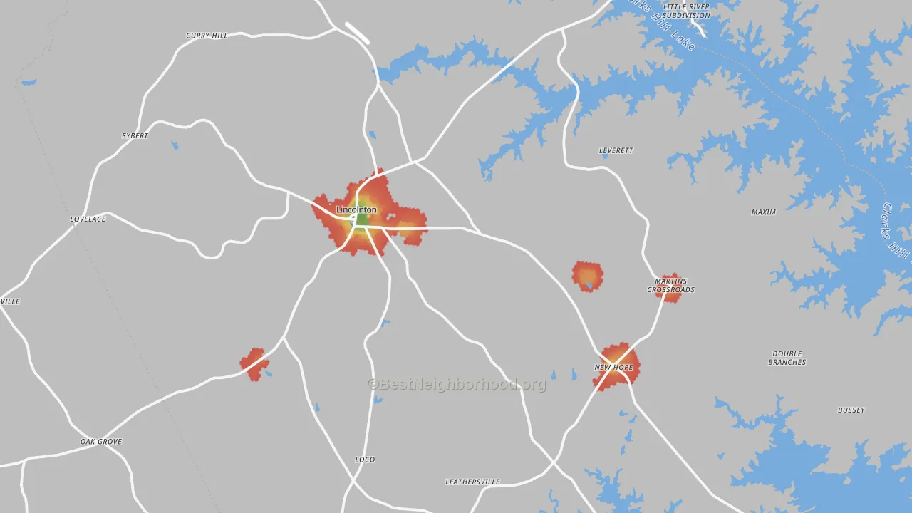 Walk Grade map of Lincoln County, GA, walkable areas in green and car-dependent areas in red