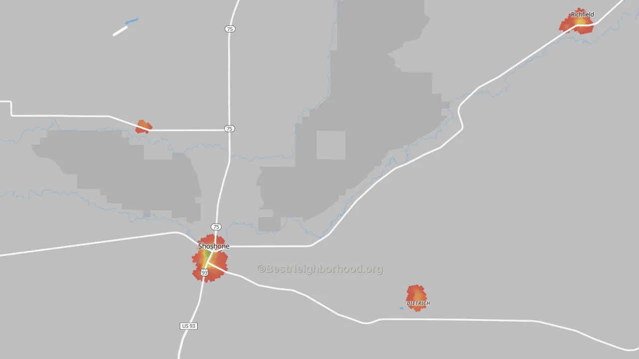 Walk Grade map of Lincoln County, ID, walkable areas in green and car-dependent areas in red