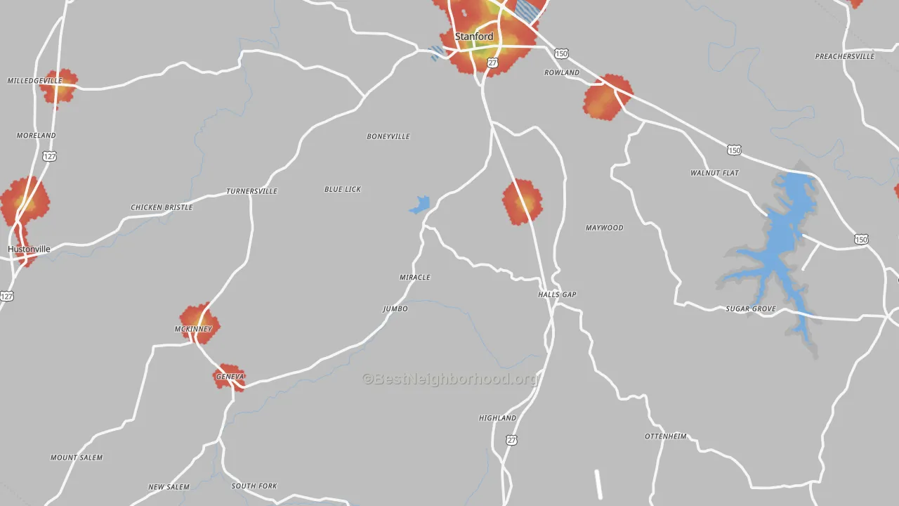 Walk Grade map of Lincoln County, KY, walkable areas in green and car-dependent areas in red