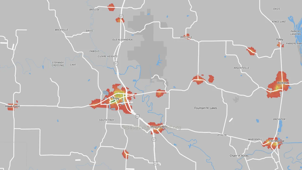 Walk Grade map of Lincoln County, MO, walkable areas in green and car-dependent areas in red