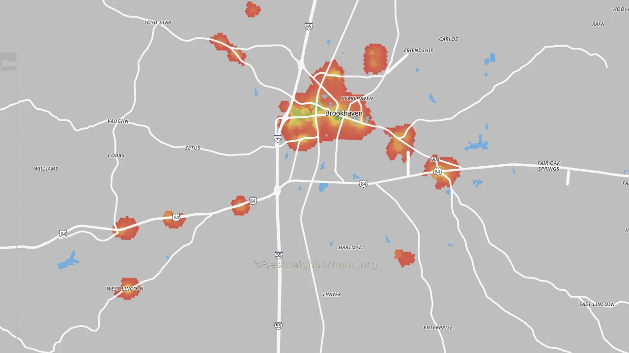 Walk Grade map of Lincoln County, MS, walkable areas in green and car-dependent areas in red