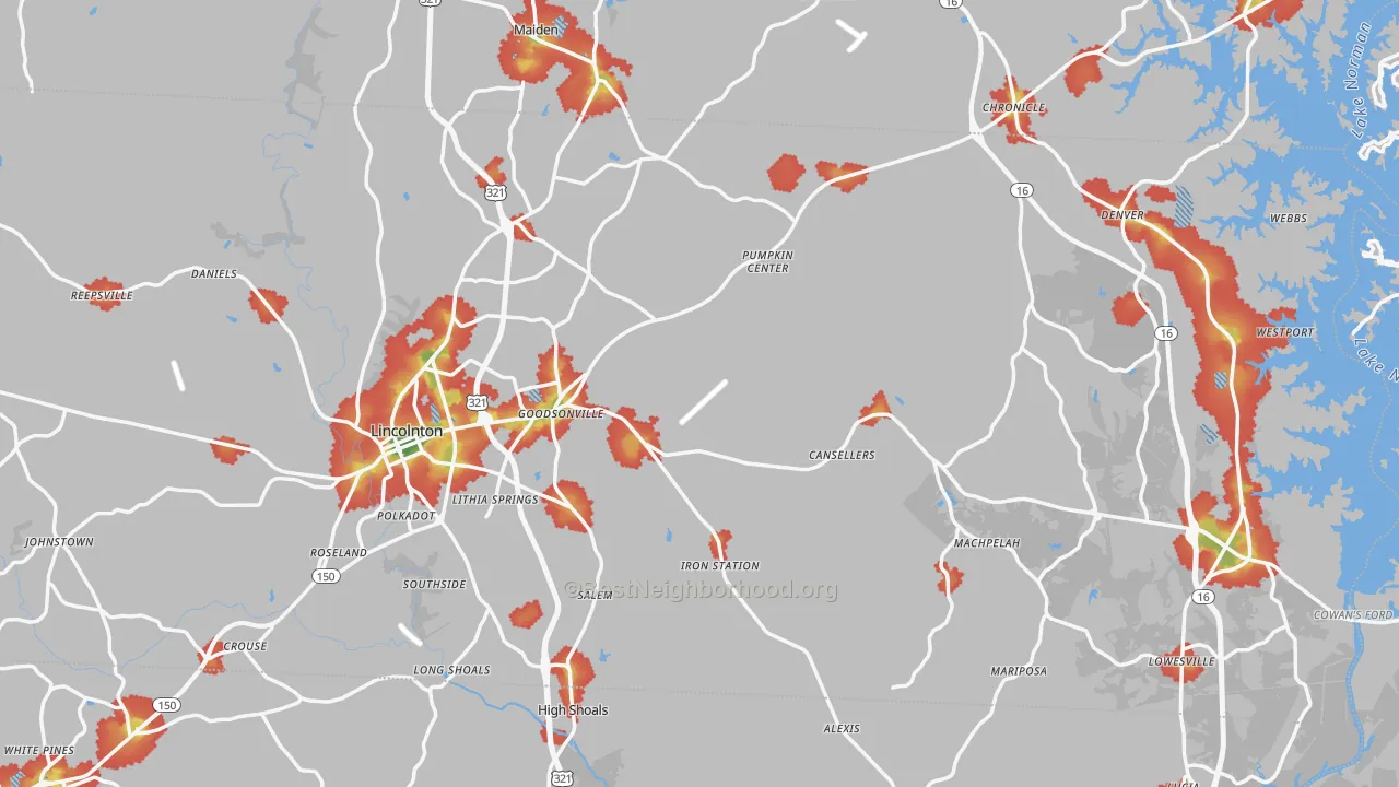 Walk Grade map of Lincoln County, NC, walkable areas in green and car-dependent areas in red