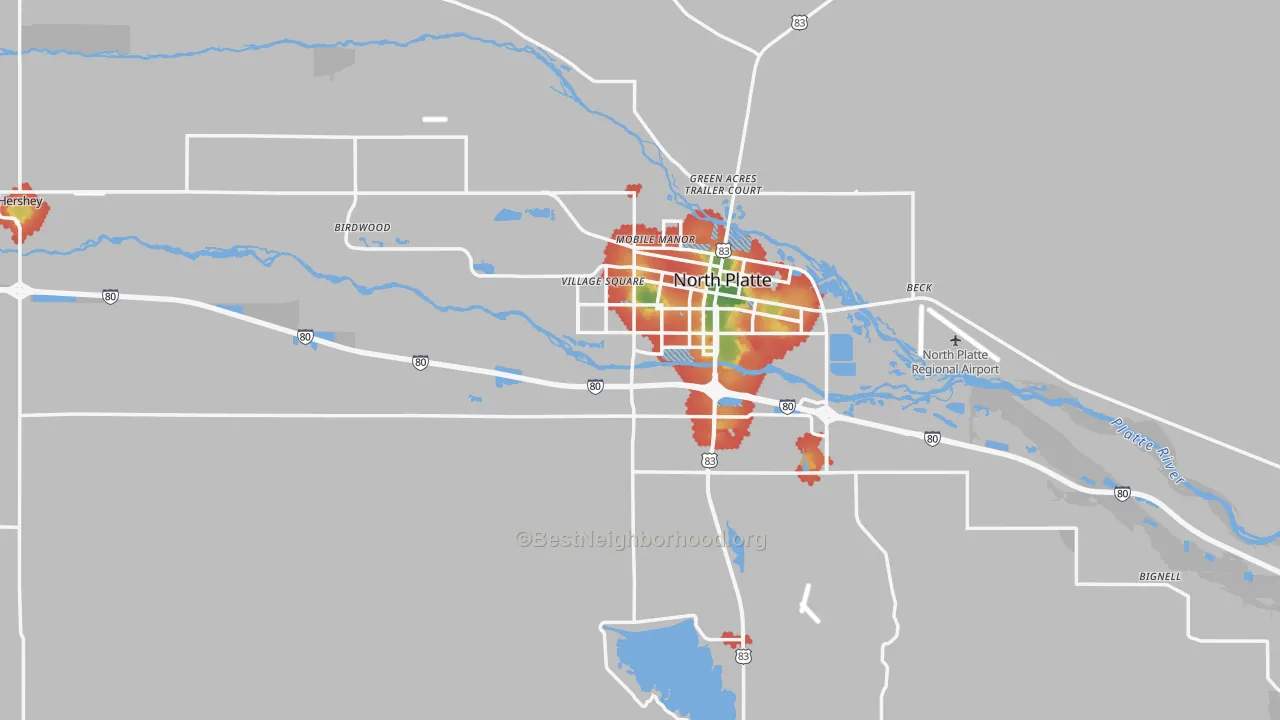 Walk Grade map of Lincoln County, NE, walkable areas in green and car-dependent areas in red