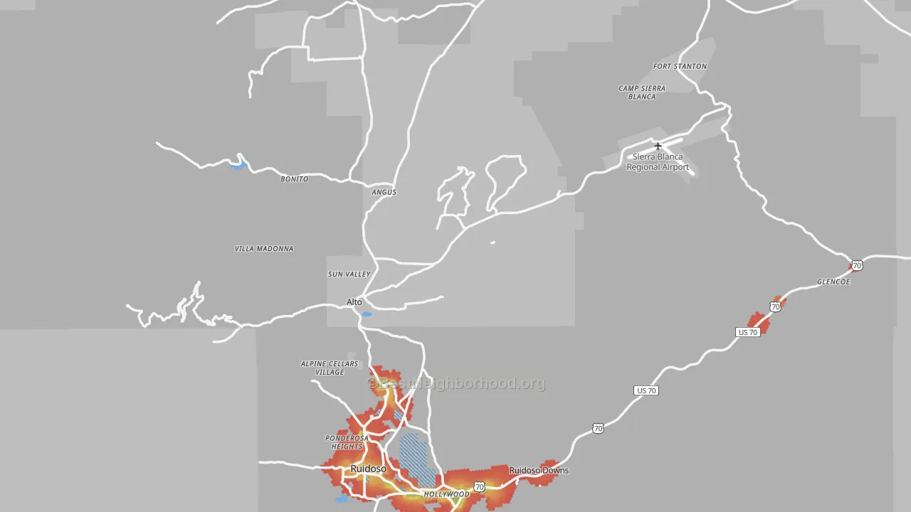 Walk Grade map of Lincoln County, NM, walkable areas in green and car-dependent areas in red