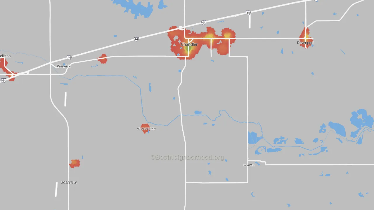Walk Grade map of Lincoln County, OK, walkable areas in green and car-dependent areas in red