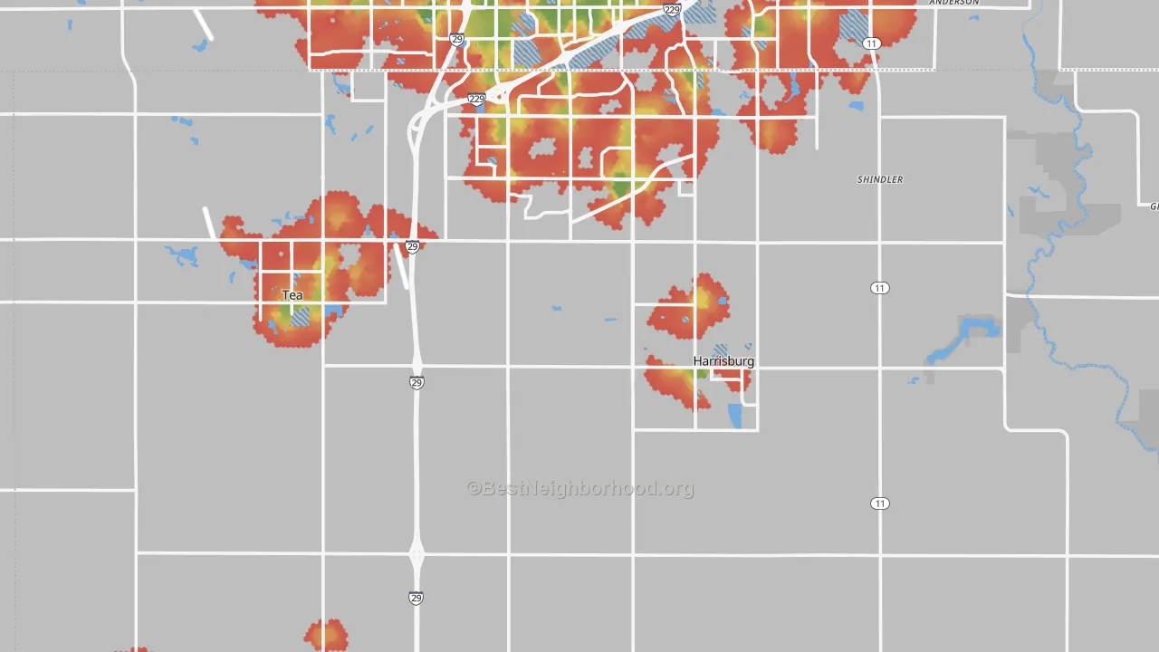 Walk Grade map of Lincoln County, SD, walkable areas in green and car-dependent areas in red
