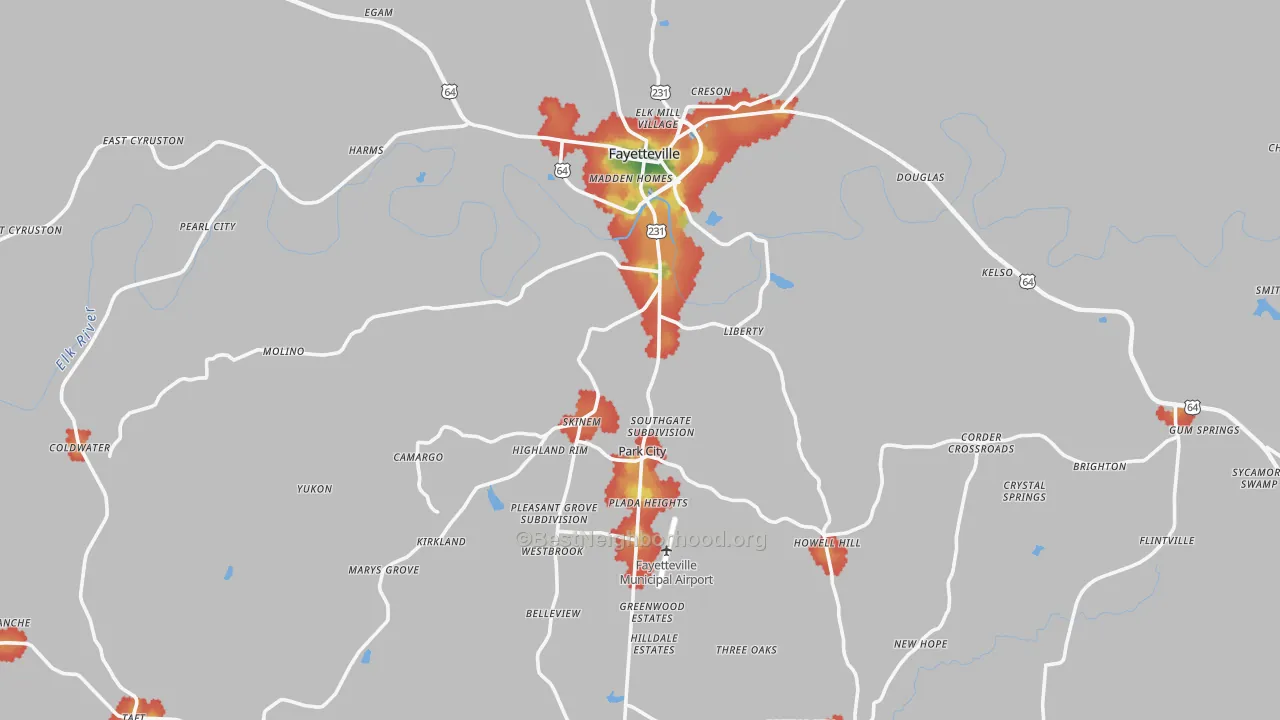 Walk Grade map of Lincoln County, TN, walkable areas in green and car-dependent areas in red