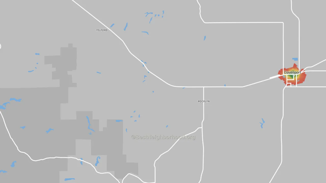 Walk Grade map of Lincoln County, WA, walkable areas in green and car-dependent areas in red