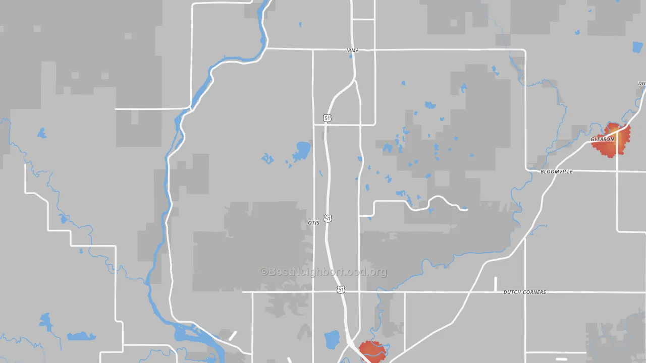 Walk Grade map of Lincoln County, WI, walkable areas in green and car-dependent areas in red