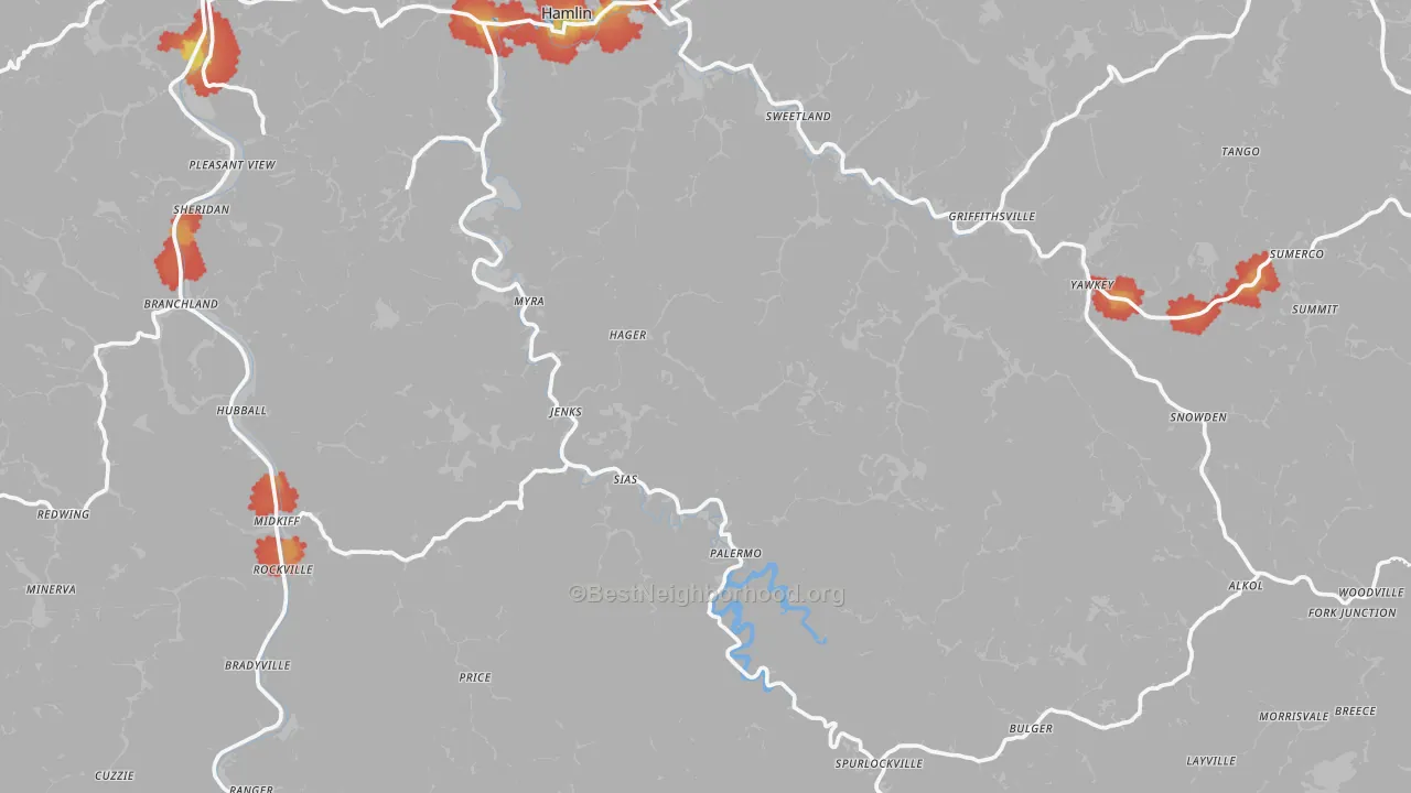 Walk Grade map of Lincoln County, WV, walkable areas in green and car-dependent areas in red