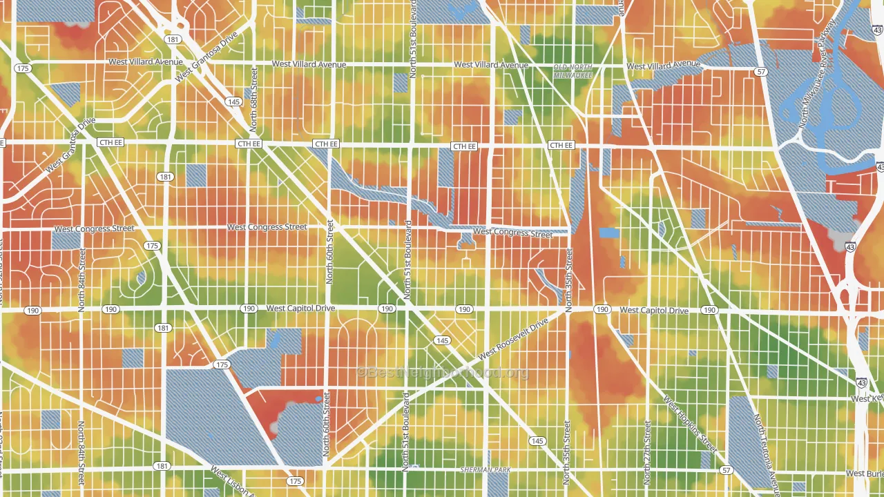 Walk Grade map of Lincoln Creek, Milwaukee, WI, walkable areas in green and car-dependent areas in red