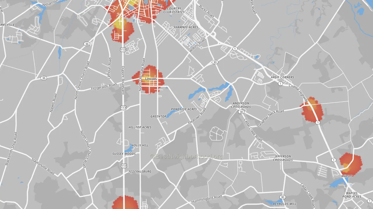 Walk Grade map of Lincoln, DE, walkable areas in green and car-dependent areas in red