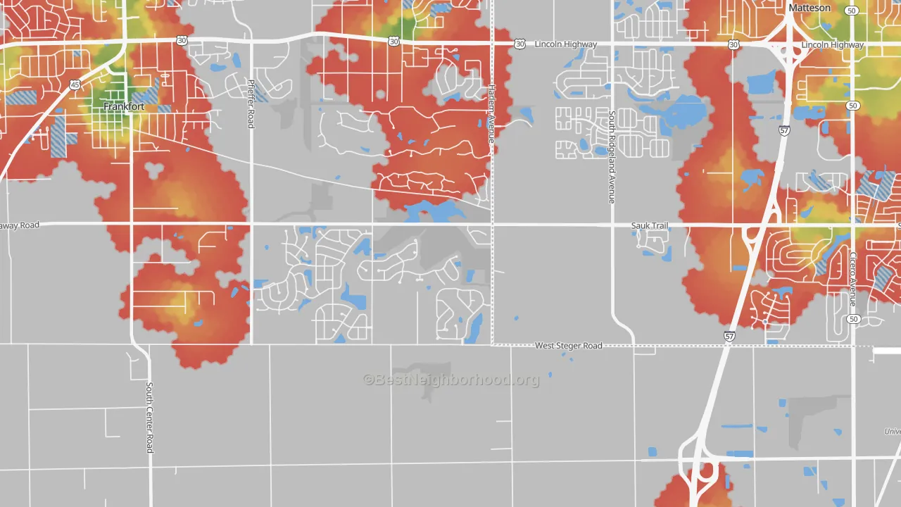 Walk Grade map of Lincoln Estates, IL, walkable areas in green and car-dependent areas in red
