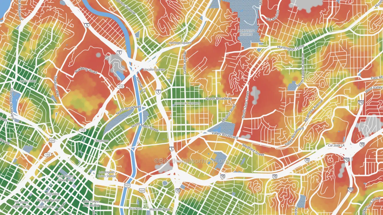 Walk Grade map of Lincoln Heights, Los Angeles, CA, walkable areas in green and car-dependent areas in red