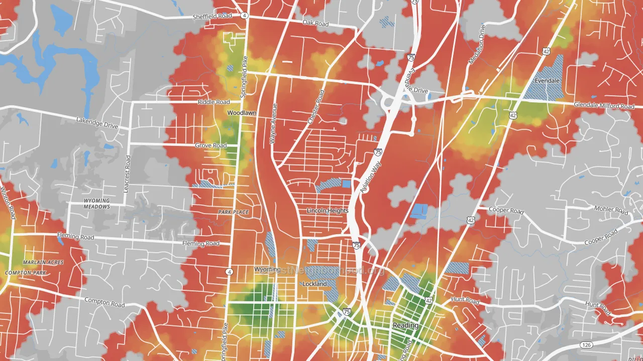 Walk Grade map of Lincoln Heights, OH, walkable areas in green and car-dependent areas in red
