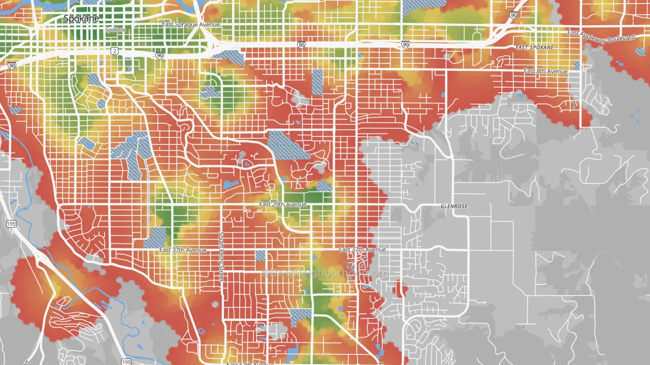 Walk Grade map of Lincoln Heights, Spokane, WA, walkable areas in green and car-dependent areas in red