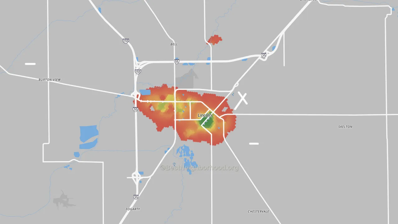 Walk Grade map of Lincoln, IL, walkable areas in green and car-dependent areas in red