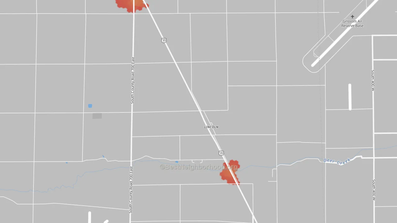 Walk Grade map of Lincoln, IN, walkable areas in green and car-dependent areas in red