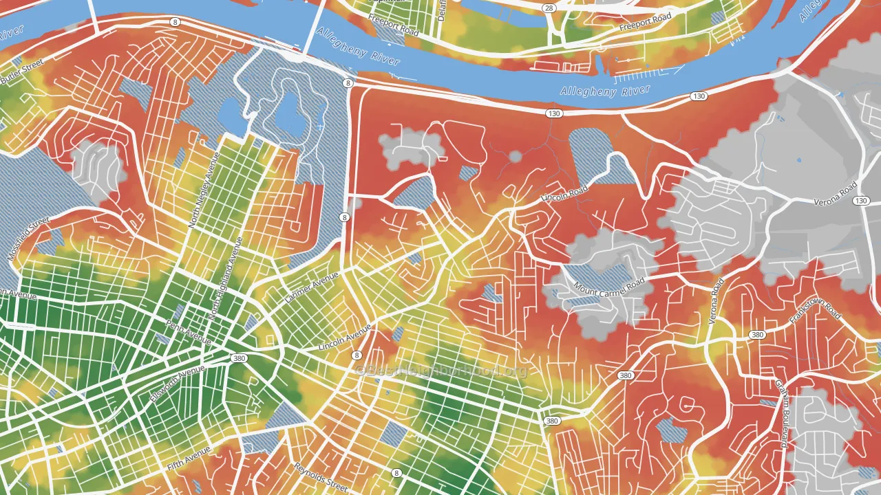 Walk Grade map of Lincoln-Lemington-Belmar, Pittsburgh, PA, walkable areas in green and car-dependent areas in red