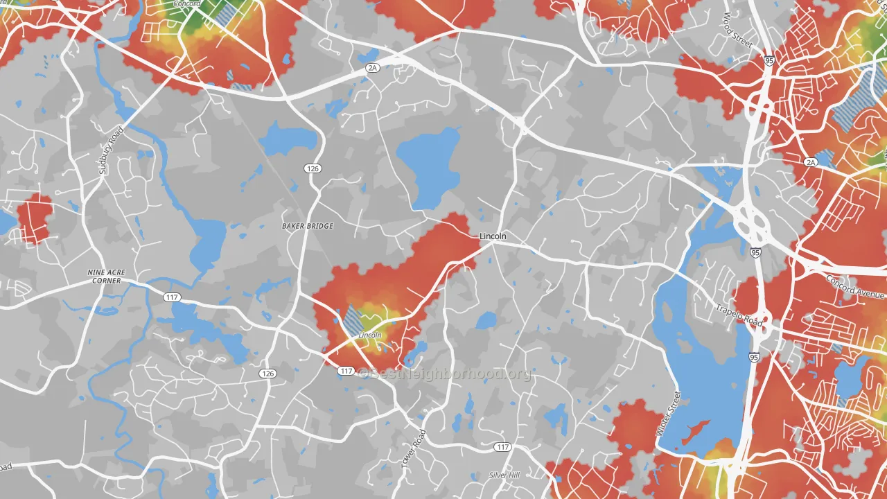 Walk Grade map of Lincoln, MA, walkable areas in green and car-dependent areas in red