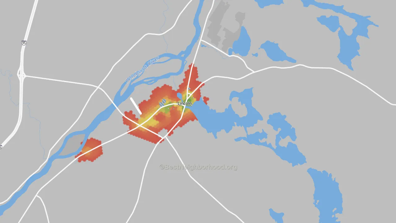 Walk Grade map of Lincoln, ME, walkable areas in green and car-dependent areas in red