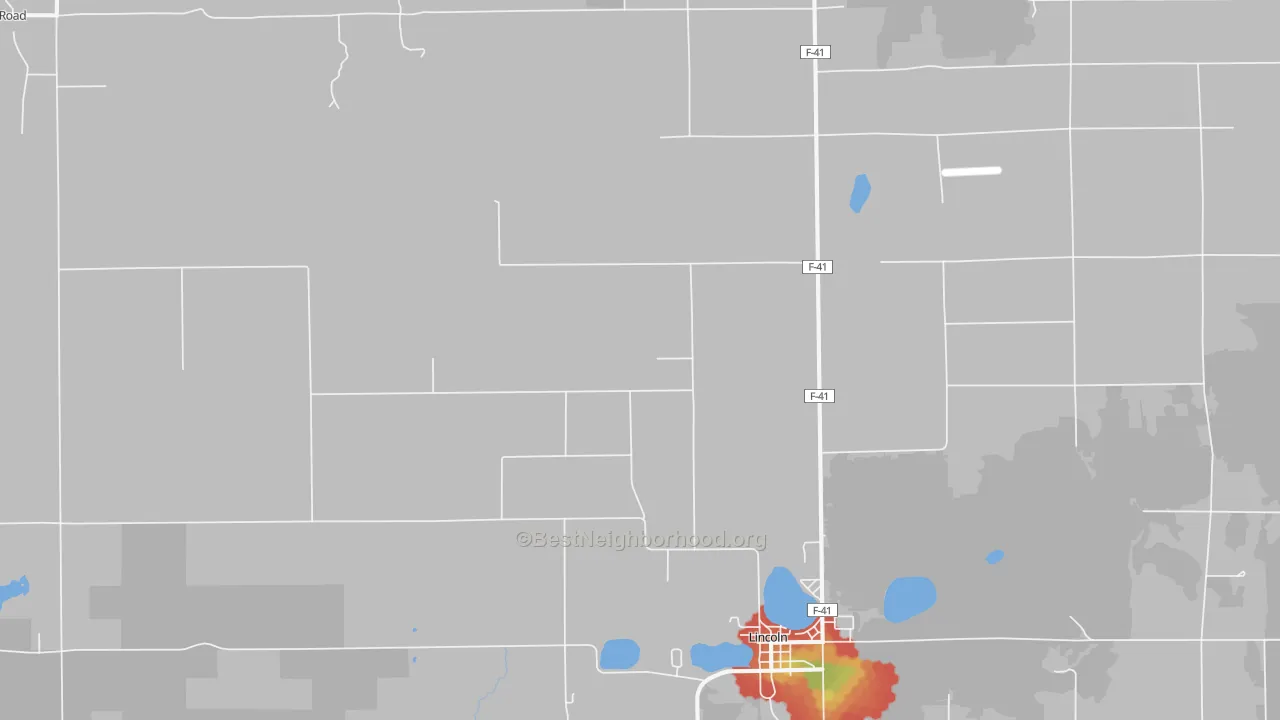 Walk Grade map of Lincoln, MI, walkable areas in green and car-dependent areas in red