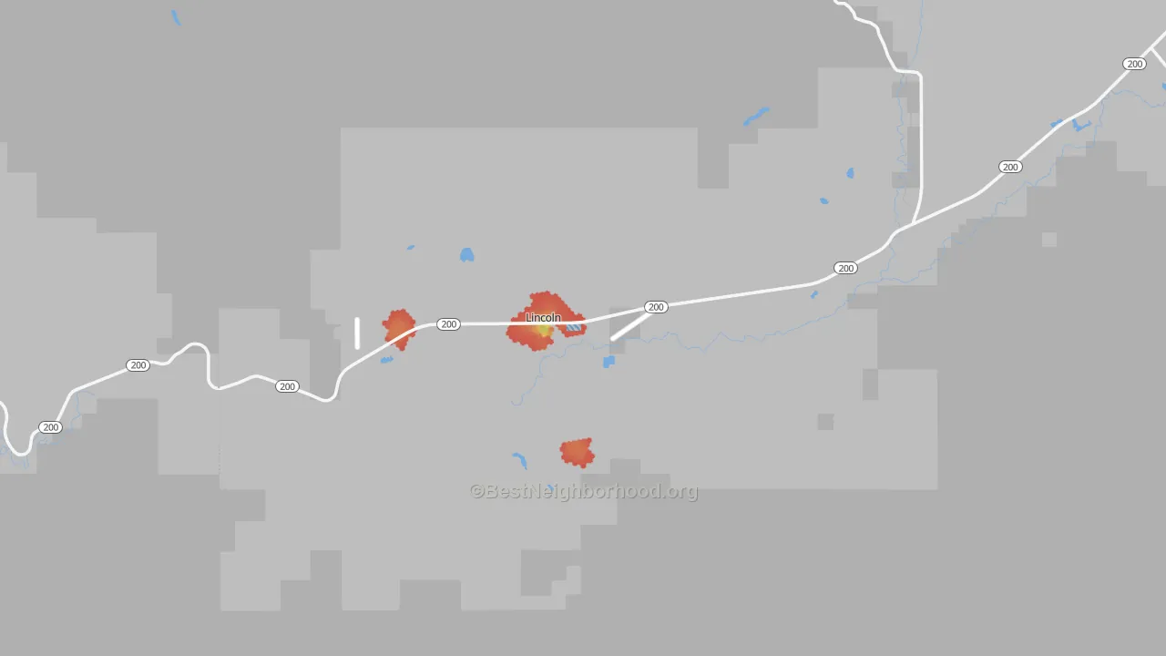 Walk Grade map of Lincoln, MT, walkable areas in green and car-dependent areas in red