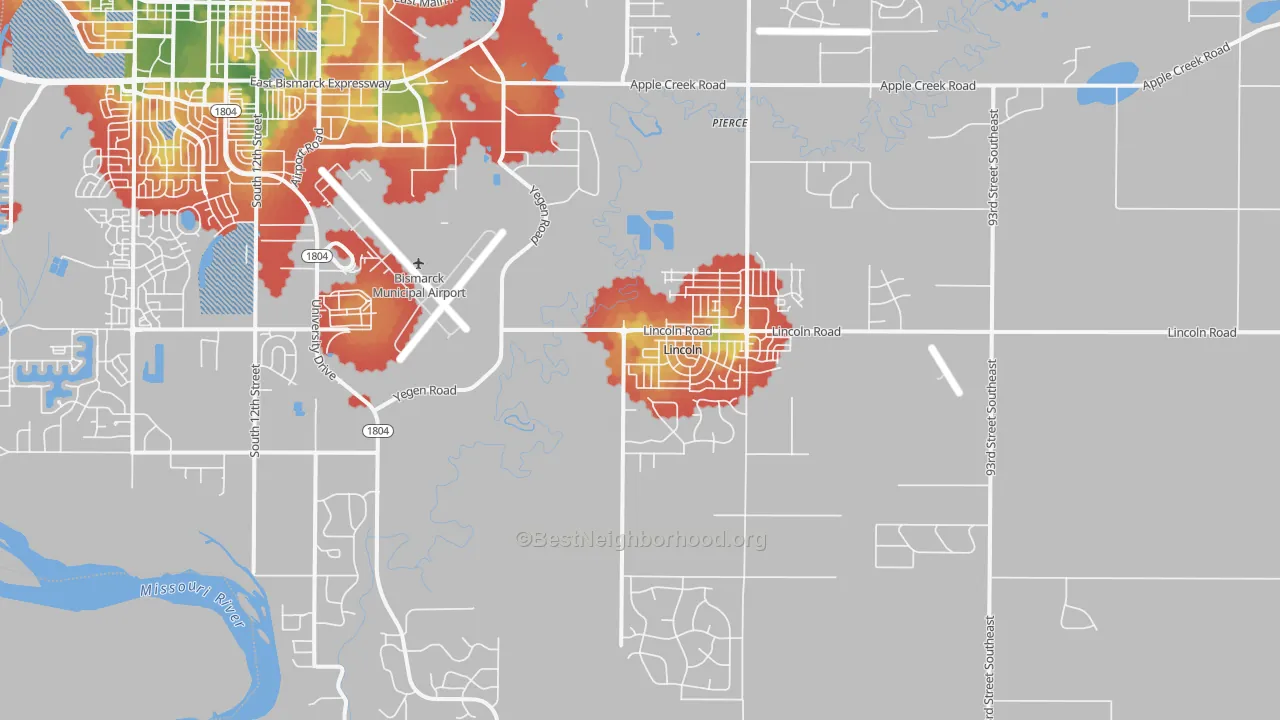 Walk Grade map of Lincoln, ND, walkable areas in green and car-dependent areas in red