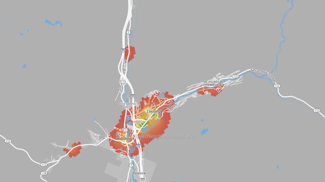 Walk Grade map of Lincoln, NH, walkable areas in green and car-dependent areas in red