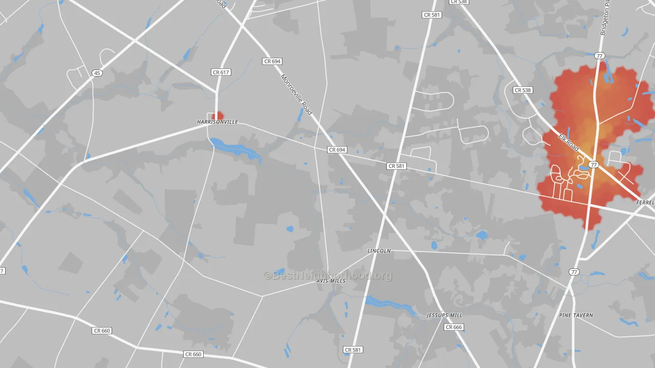 Walk Grade map of Lincoln, NJ, walkable areas in green and car-dependent areas in red
