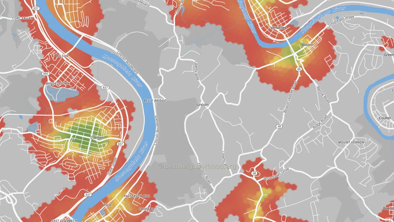 Walk Grade map of Lincoln, PA, walkable areas in green and car-dependent areas in red