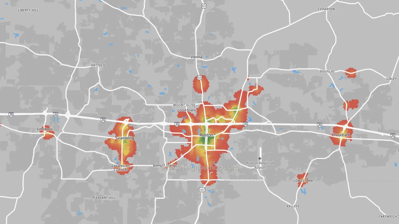 Walk Grade map of Lincoln Parish, LA, walkable areas in green and car-dependent areas in red