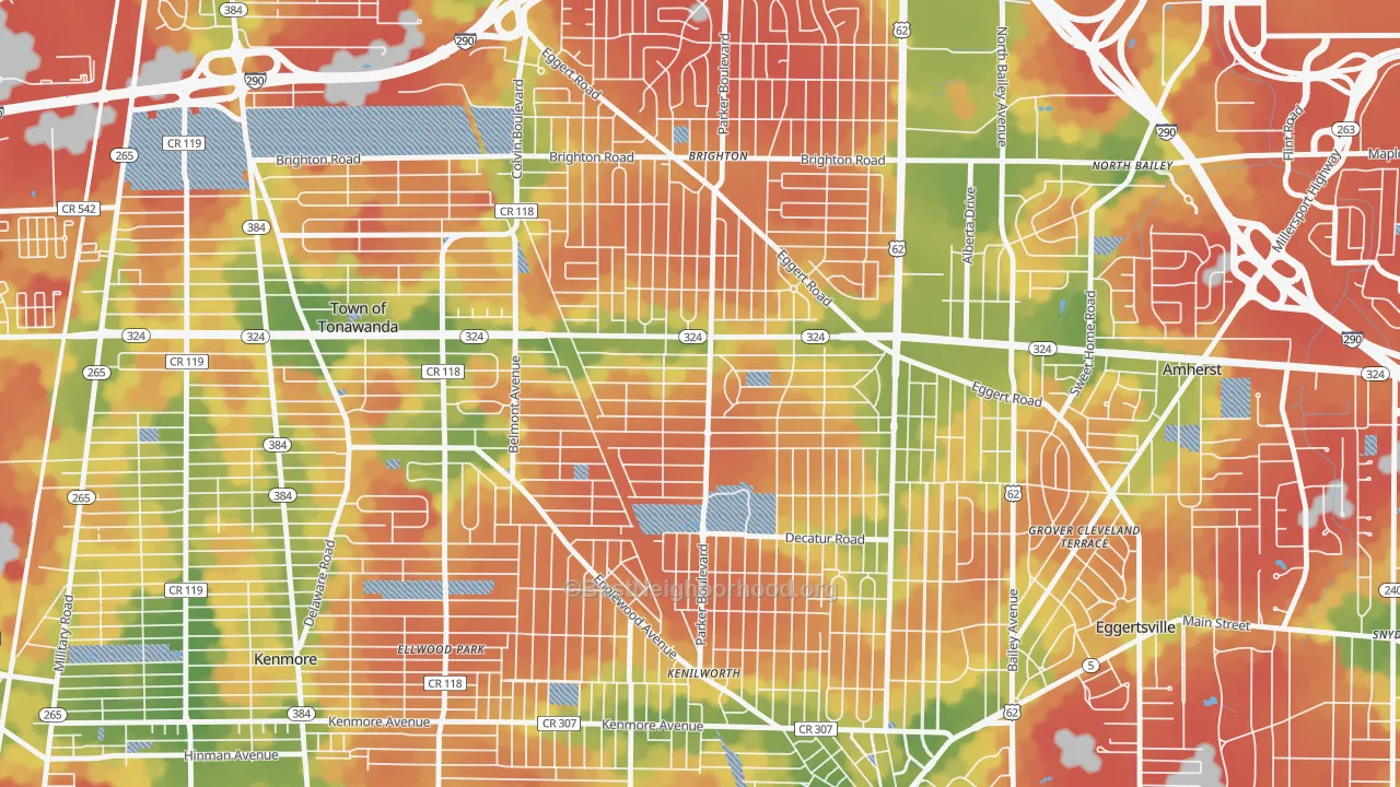 Walk Grade map of Lincoln Park-Buffalo, Tonawanda, NY, walkable areas in green and car-dependent areas in red