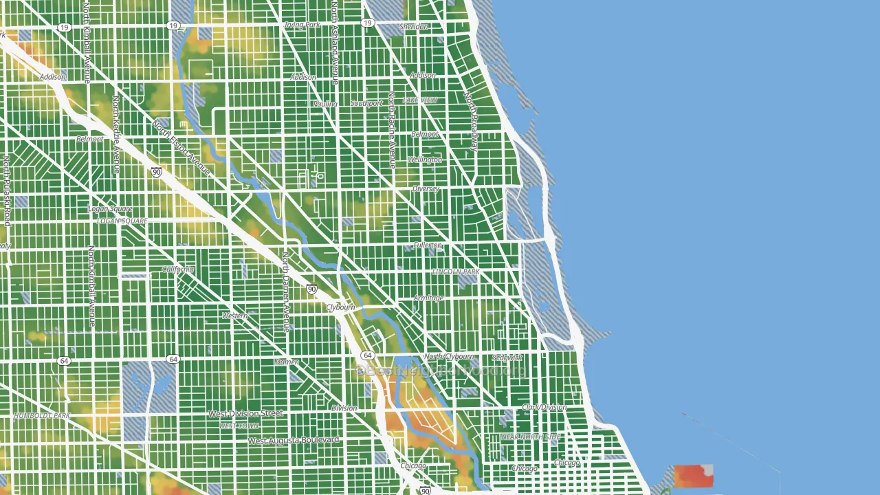 Walk Grade map of Lincoln Park, Chicago, IL, walkable areas in green and car-dependent areas in red