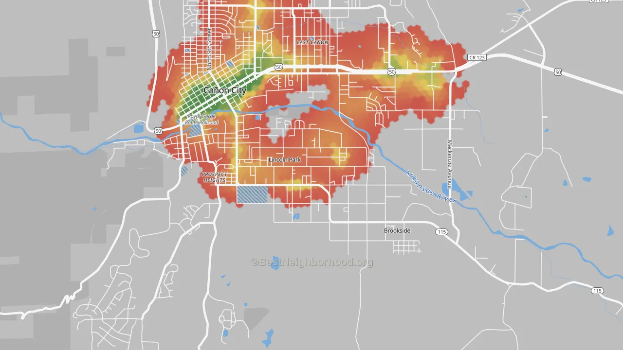 Walk Grade map of Lincoln Park, CO, walkable areas in green and car-dependent areas in red