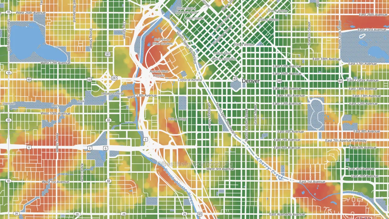 Walk Grade map of Lincoln Park, Denver, CO, walkable areas in green and car-dependent areas in red