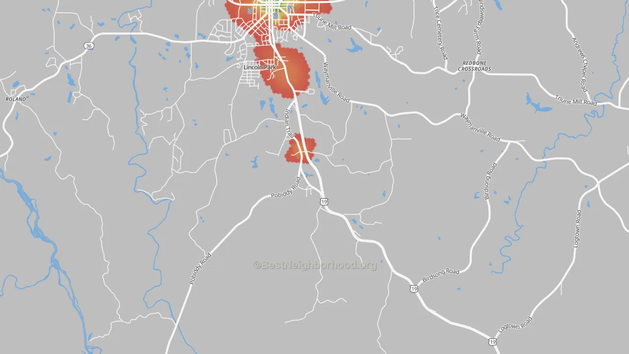 Walk Grade map of Lincoln Park, GA, walkable areas in green and car-dependent areas in red