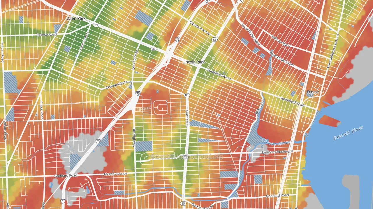Walk Grade map of Lincoln Park, MI, walkable areas in green and car-dependent areas in red