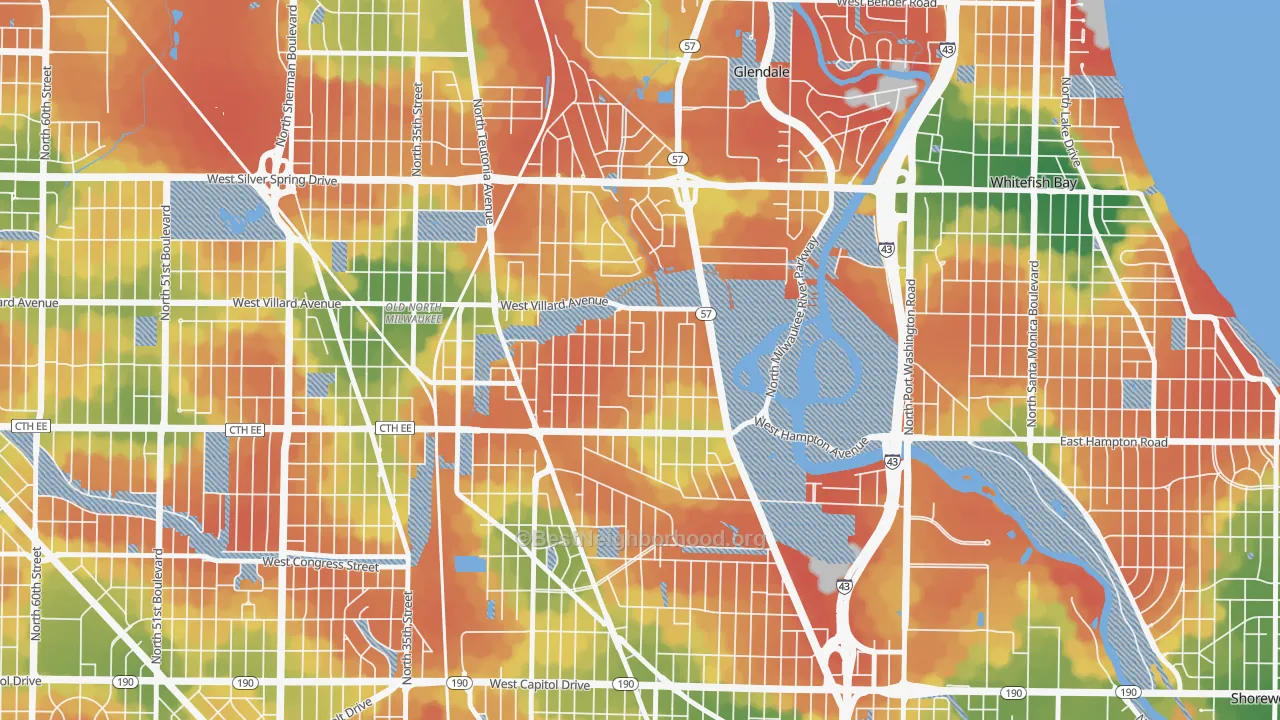 Walk Grade map of Lincoln Park, Milwaukee, WI, walkable areas in green and car-dependent areas in red