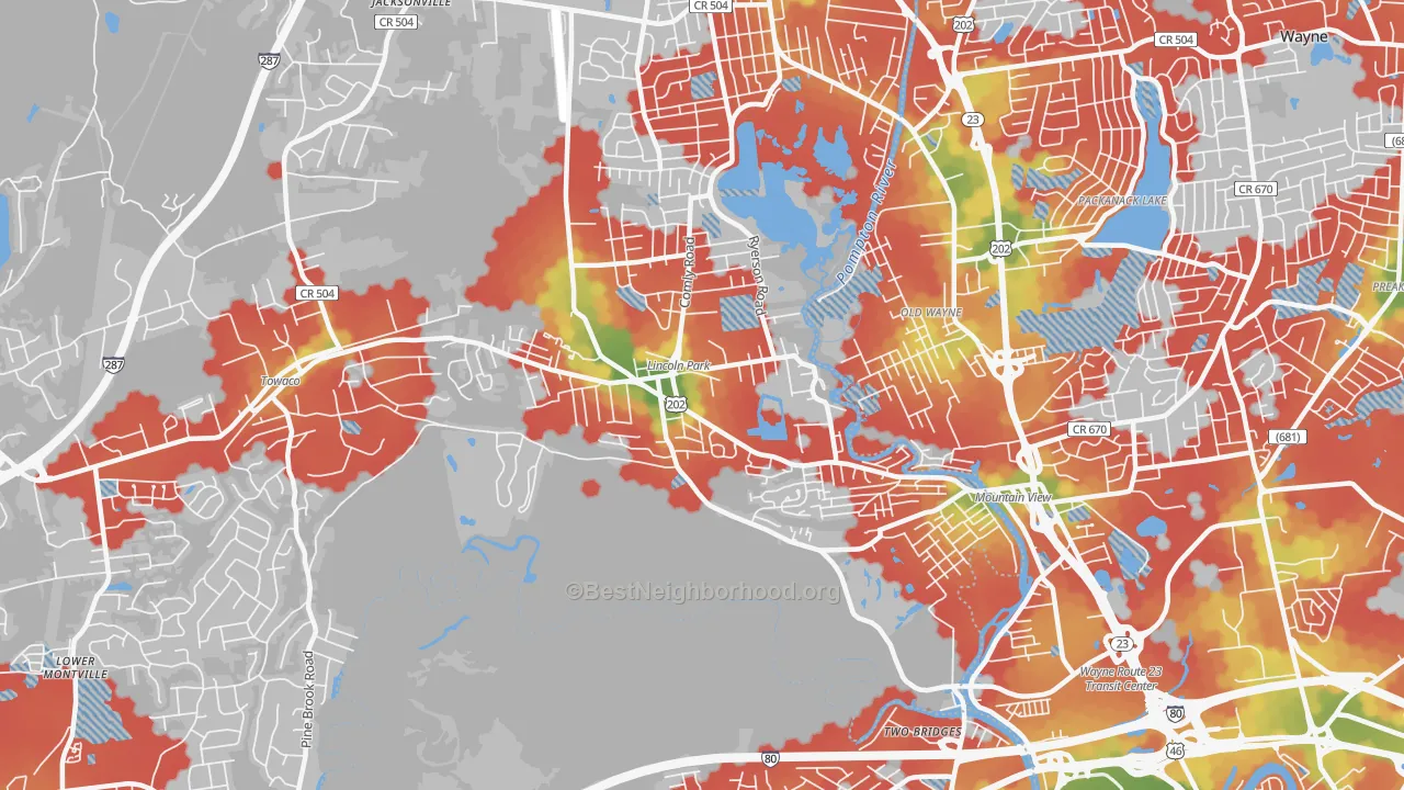 Walk Grade map of Lincoln Park, NJ, walkable areas in green and car-dependent areas in red