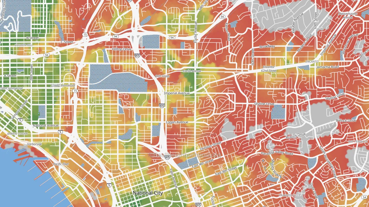 Walk Grade map of Lincoln Park, San Diego, CA, walkable areas in green and car-dependent areas in red