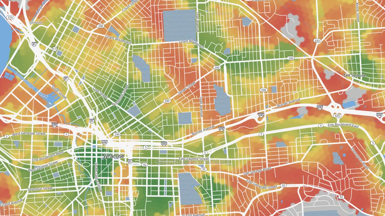 Walk Grade map of Lincoln Park-Syracuse, Syracuse, NY, walkable areas in green and car-dependent areas in red