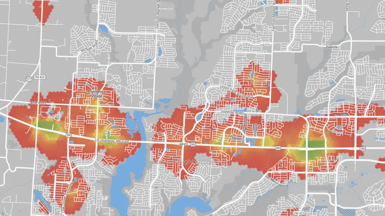 Walk Grade map of Lincoln Park, TX, walkable areas in green and car-dependent areas in red