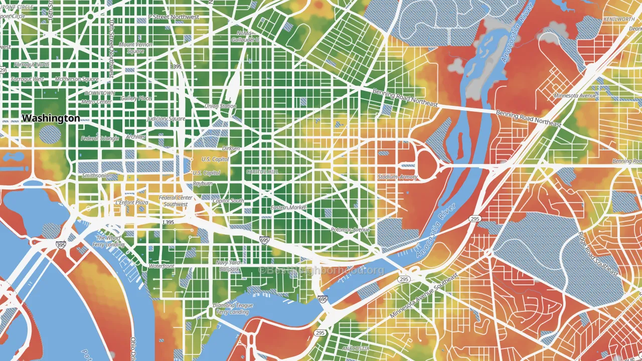 Walk Grade map of Lincoln Park, Washington, DC, walkable areas in green and car-dependent areas in red