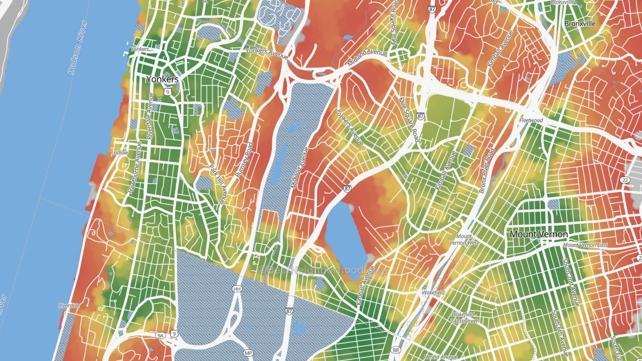 Walk Grade map of Lincoln Park, Yonkers, NY, walkable areas in green and car-dependent areas in red