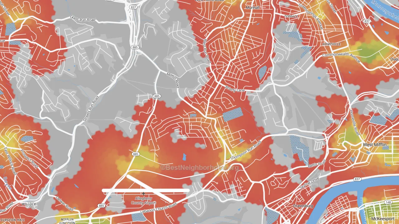 Walk Grade map of Lincoln Place, Pittsburgh, PA, walkable areas in green and car-dependent areas in red