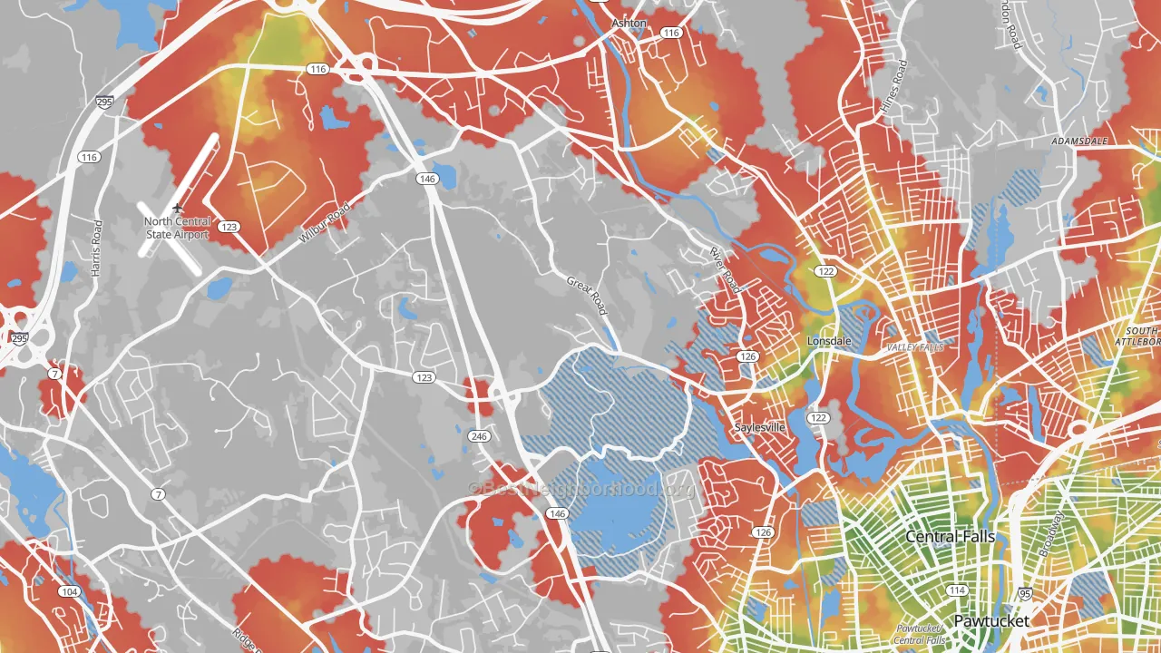 Walk Grade map of Lincoln, RI, walkable areas in green and car-dependent areas in red