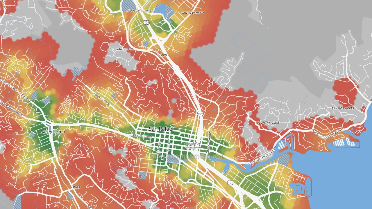 Walk Grade map of Lincoln, San Rafael, CA, walkable areas in green and car-dependent areas in red